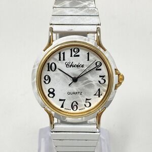 Vtg Choice Watch Women Gold Tone White Marble Look Stretch Band New Batt 6.5"